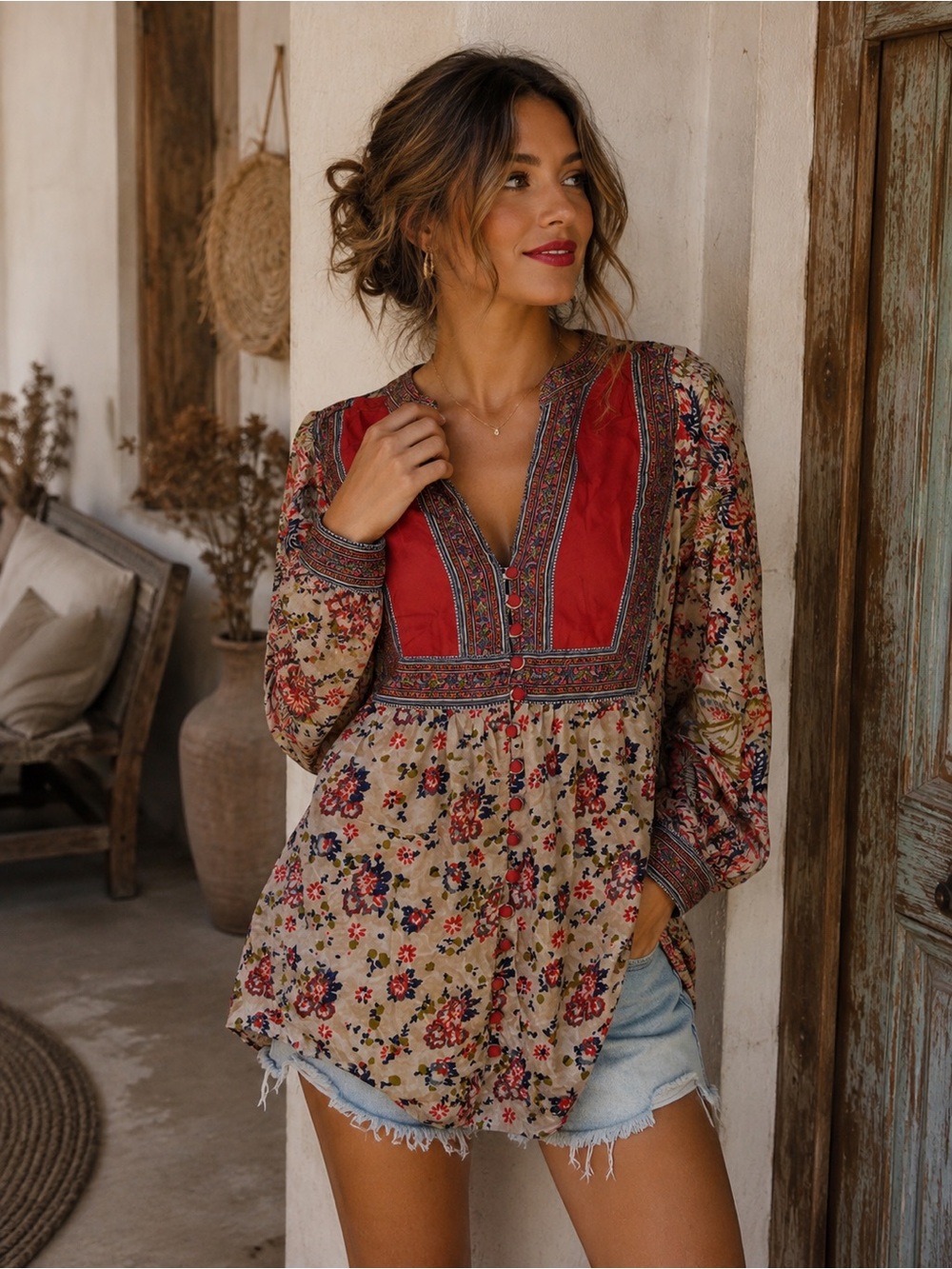 Lucky Brand XS Boho Floral Button Front Tunic Blouse Long Sleeve